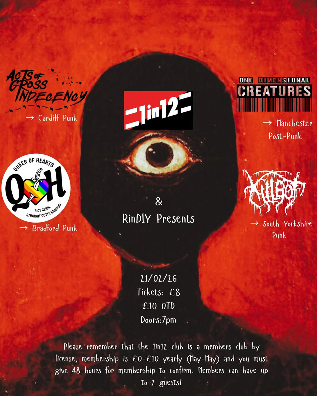 One Dimensional Creatures Play at 1 in 12 Club in Bradford in February 2026 - Poster